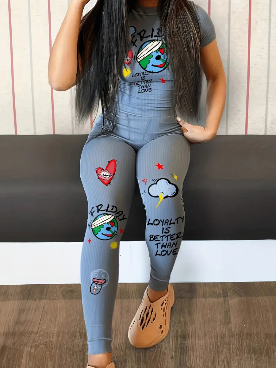 LW Cartoon Loyalty Is Better Than Love Letter Print Pants Set Summer Shorts Set For Women Sleeve Top+Elastic Leggings Outfits