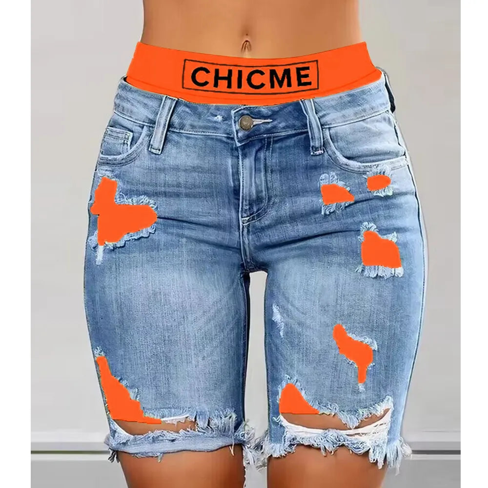 Wepbel Summer Sexy Ripped Jeans Colorblock Letter Print Short Jeans Ripped Fake 2 Piece Denim Shorts Women Ripped Denim Shorts