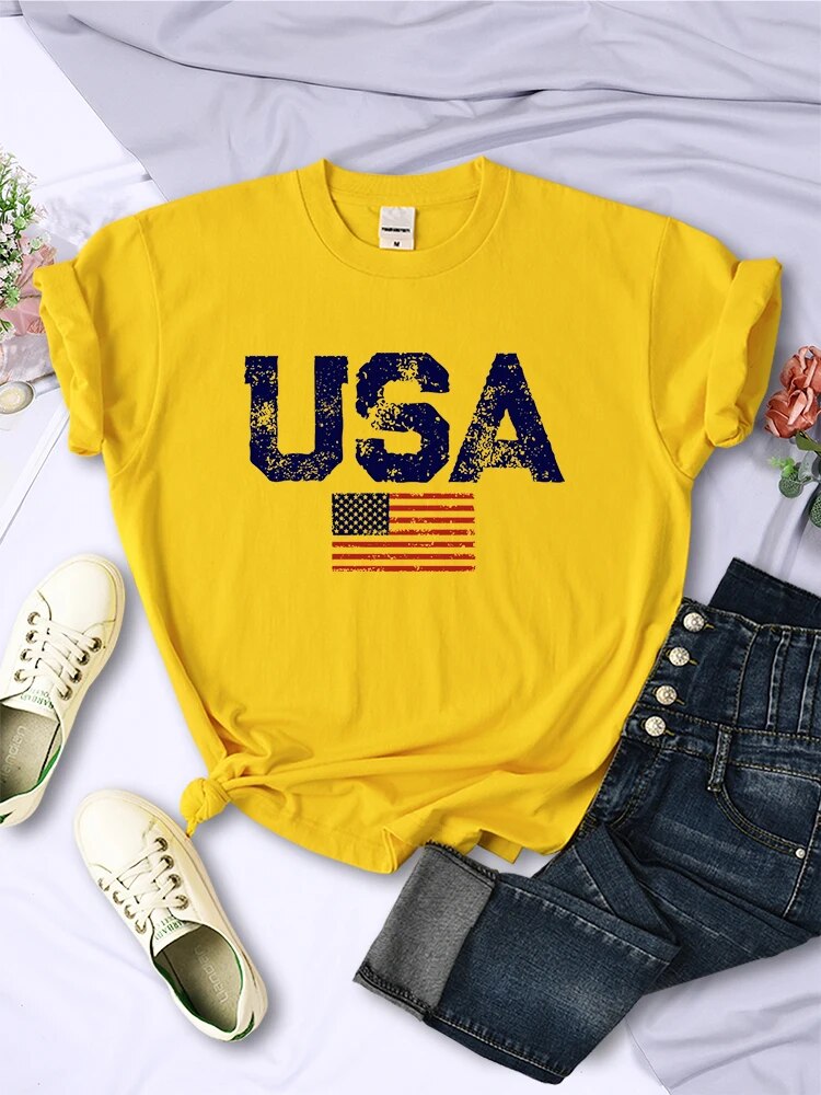 USA Letters American Flag Stars and Stripes Printed Women T-Shirts Street Hip Hop Tee Clothing Summer Breathable Tshirt Female