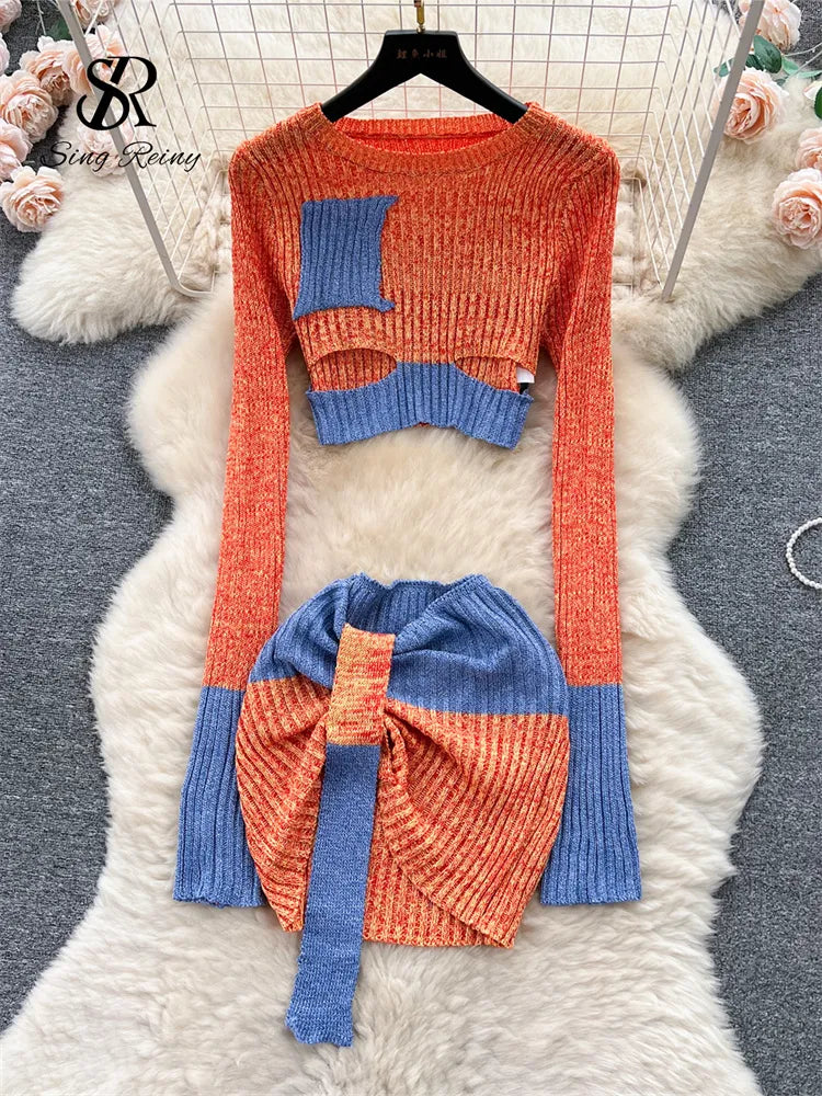 SINGREINY Autumn Patchwork Knitted Two Pieces Sets Long Sleeves Hollow Out Slim Pullover+Mini Skirt Fashion Y2K Sweater Suits