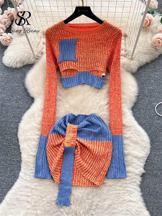 SINGREINY Autumn Patchwork Knitted Two Pieces Sets Long Sleeves Hollow Out Slim Pullover+Mini Skirt Fashion Y2K Sweater Suits