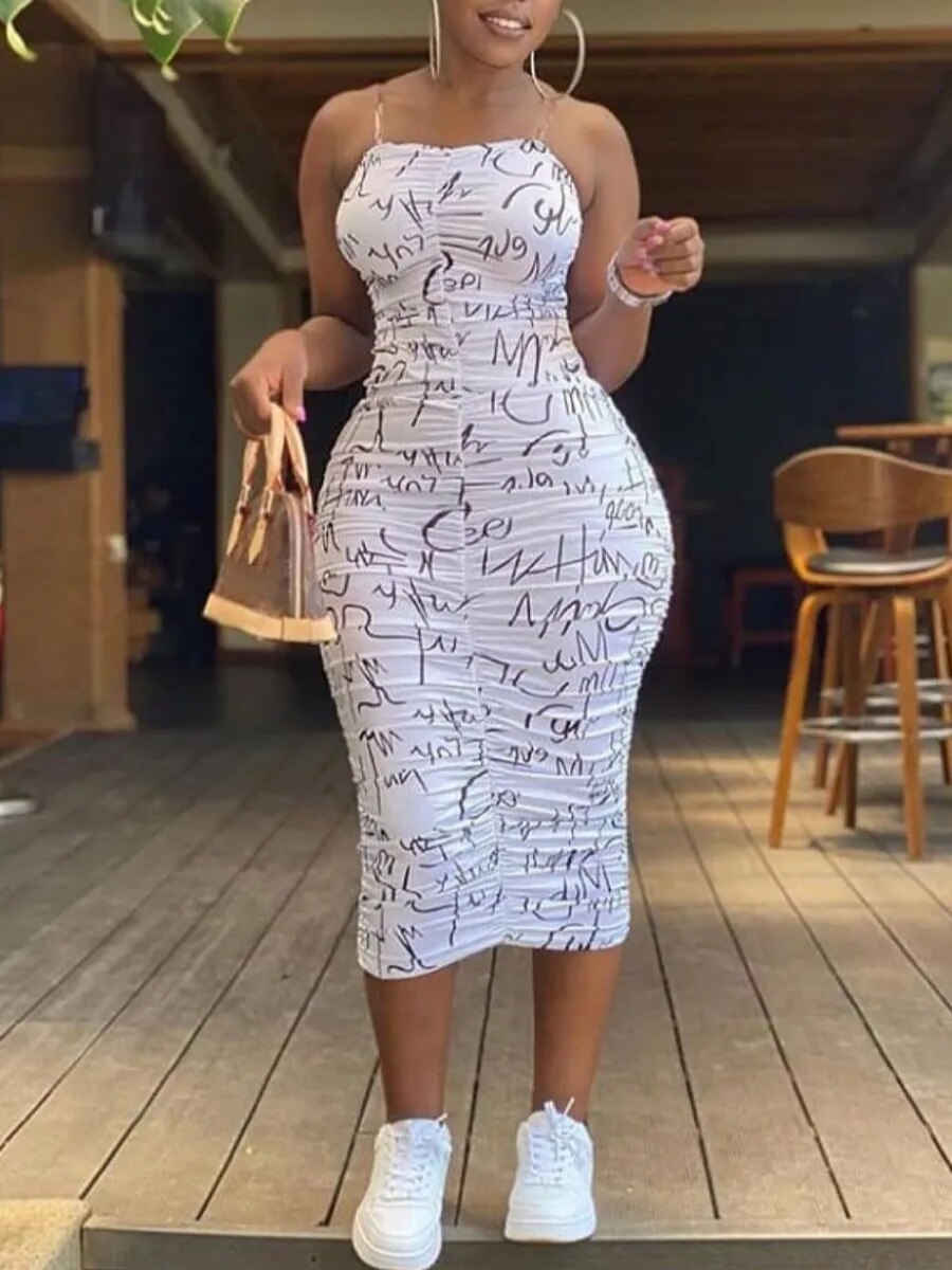 LW Summer Women One Piece Casual Sexy Skinny Letter Full Print Ruched White Bodycon Spaghetti Strap Mid Calf Dress