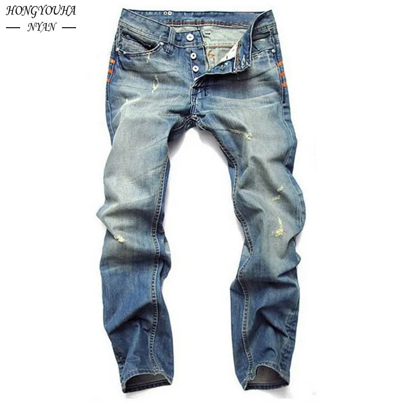 Men Pants High Quality Streetwear Ripped Nostalgic Scratched Jeans Casual Cotton Slim Fit Denim Stretch Trousers Male Pant 2022