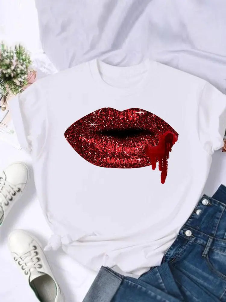 Women Female Watercolor Love Sweet Lip Casual Top Fashion Print Tshirts Cartoon Short Sleeve T Shirt Summer Graphic Tee T-Shirt