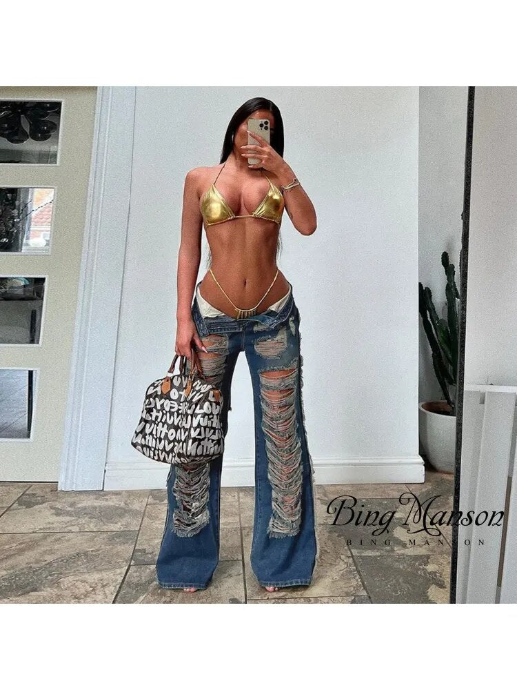 Summer New Product Personalized Trend Tassel Sexy Perforated Wash Jeans Street Clothing Pants Women's Baggy Jeans