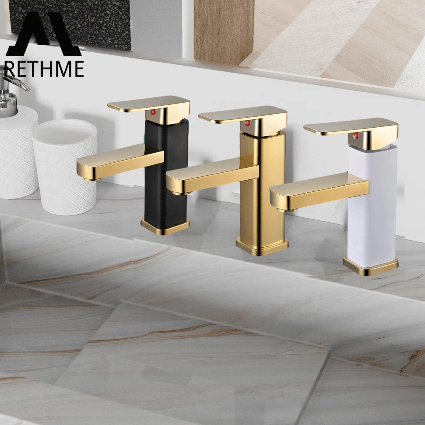 RETHME Bathroom Golden Faucet  Basin Sink Bathroom Fauced Deck Mounted Hot Cold Water Basin Mixer Taps Gold Lavatory Sink Tap