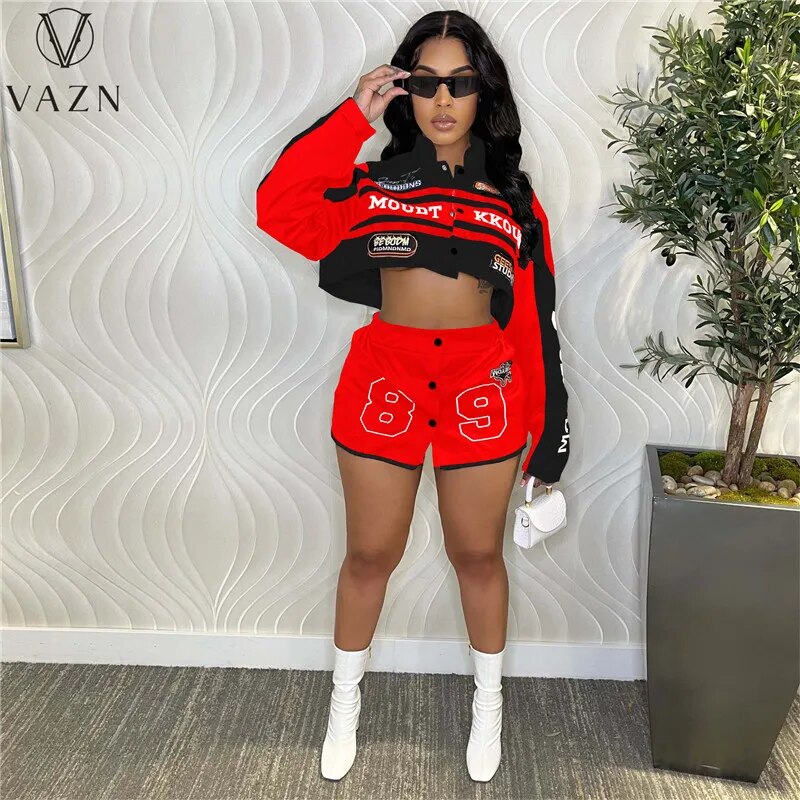 VAZN 2023 Autumn Latest Style Patchwork Sexy Young Baseball Set Full Sleeve High Waist + Mini Short Skirt Lady 2 Piece Sets