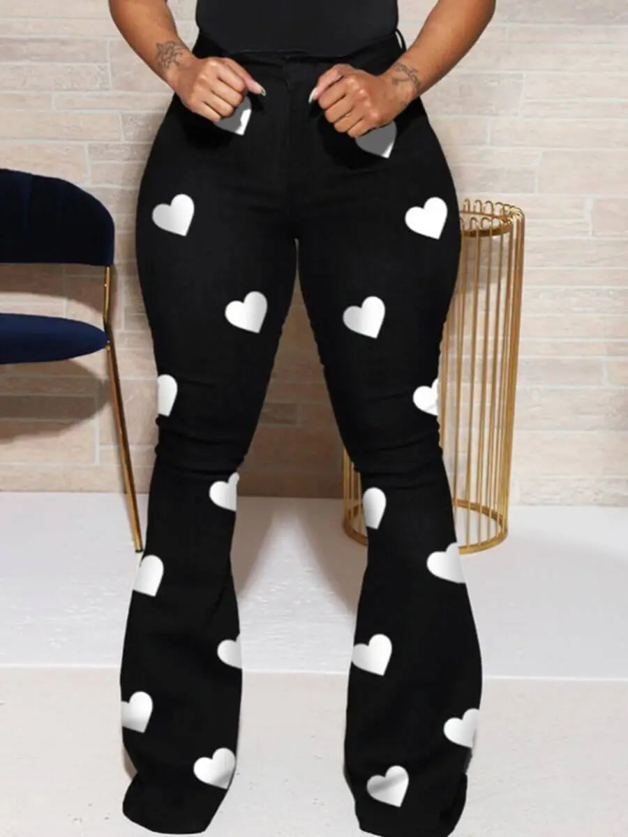 Plus Size High Stretchy Heart Print Pants Women Sexy Butt Lift High Waist Stretchy Pants Causal Flare Pants