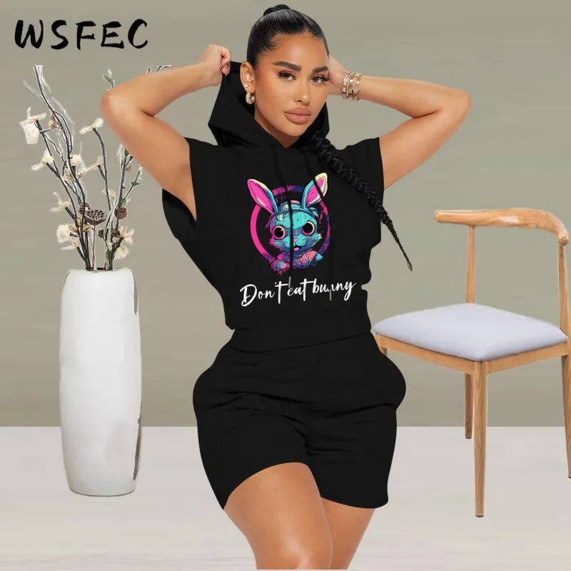 WSFEC S-XL Summer Fashion Two Piece Sets Women Outfits Short Sleeve Rabbit Pattern Hoodie Sweatsuit for Women Casual Suits