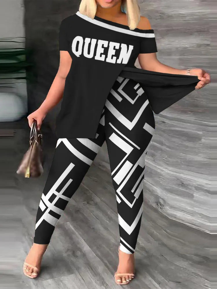 Plus Size Casual Outfits Two Piece Set, Women's Plus Colorblock Letter Print One Shoulder Split Hem Medium Stretch Top & Legging