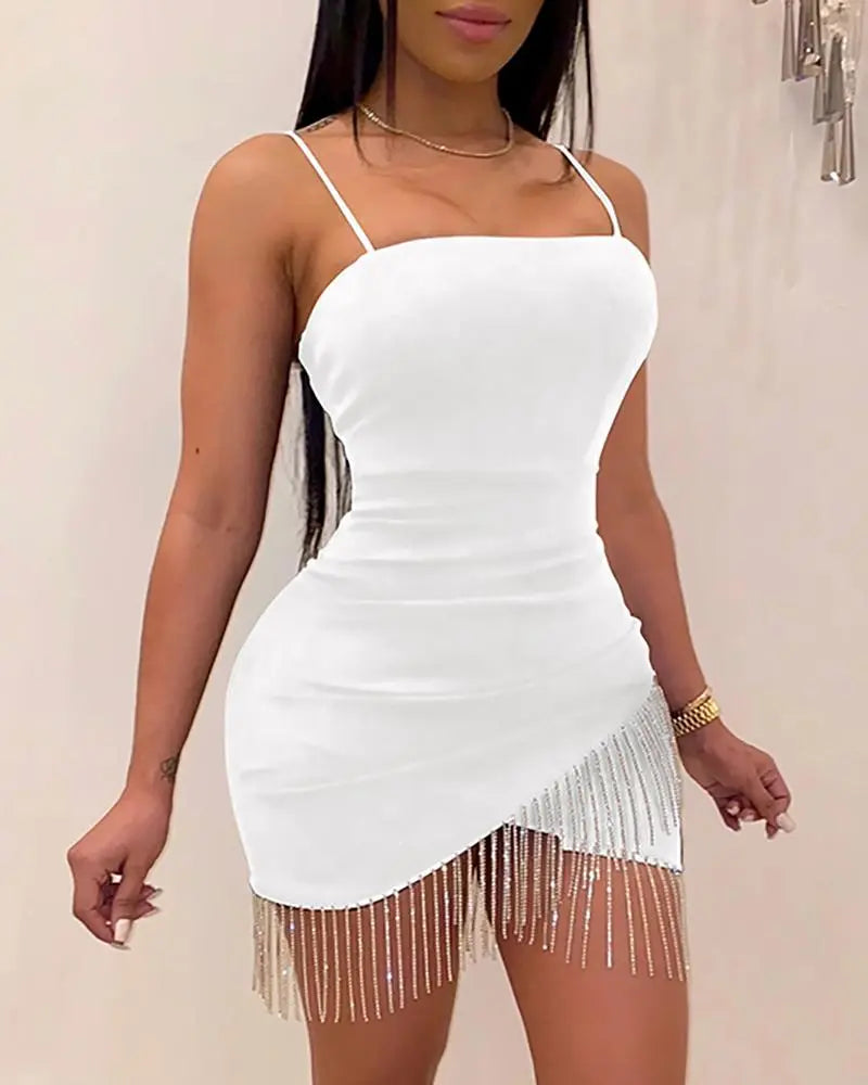 New Woman Party Night Birthday Tassel Split Sleeveless Bodycon Dress Summer Elegant Suspender Short Mini Pencil Sexy Dresses mini dress