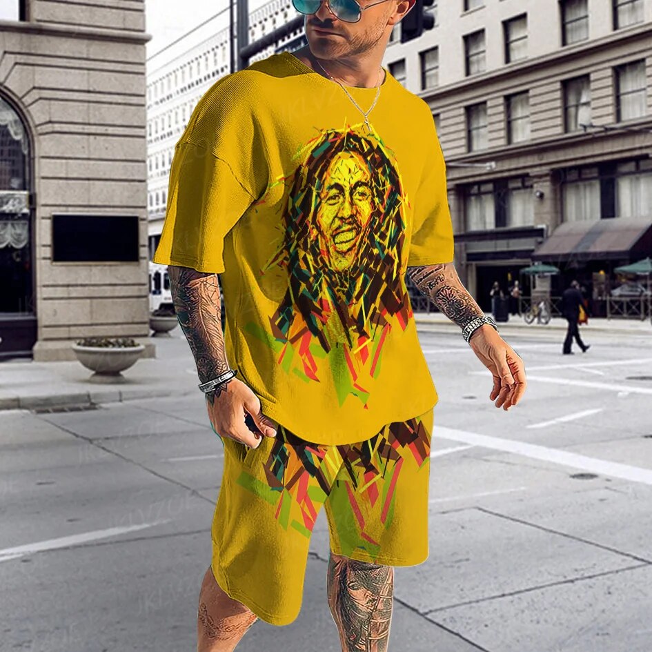 Summer Men's Tracksuit Bob Marley Reggae Music T-Shirt Shorts Set Casual Suit Fashion Outfit Male  One Love