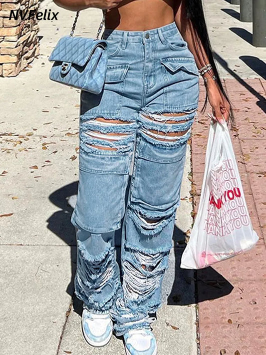 Women Hole Jeans Y2k Clothing Baggy Straight Denim Jeans Vintage 90s High Waist Loose Casual Long Pants Streetwear New Clothes