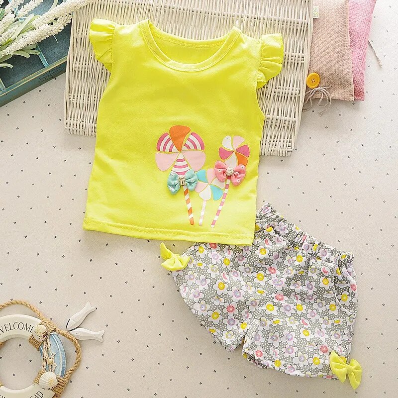 Summer Baby Girls T-shirt Set Windmill Printed Short Sleeves Flower shorts Floral Wide-Leg Hot Pants Kids Girls Clothing Suit