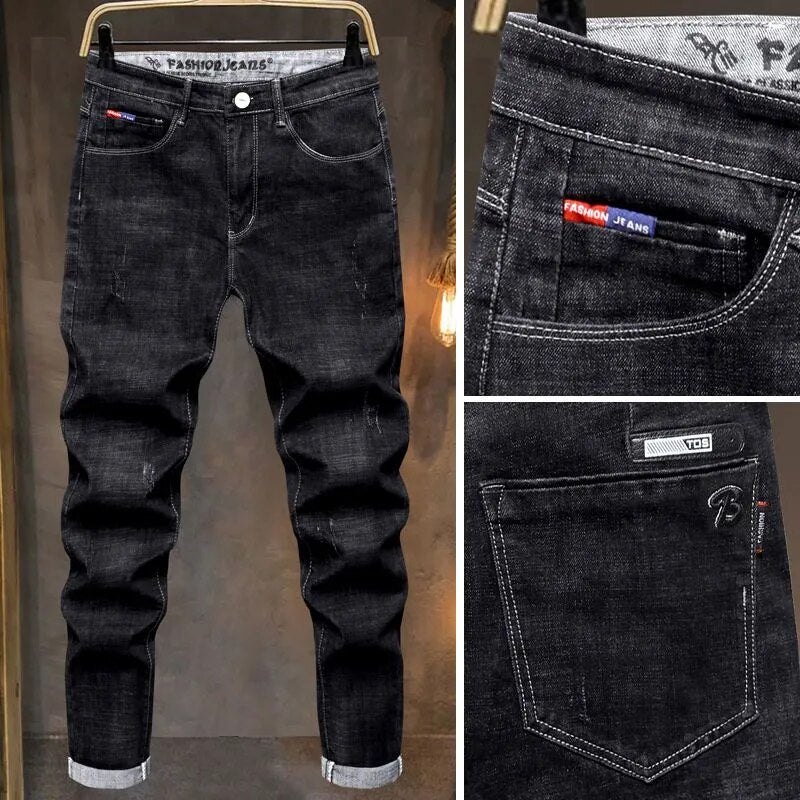 Men's Trend Slim Solid Color Jeans Summer Male Clothes Fashionable Simplicity Pockets Spliced Casual Straight Denim Trousers