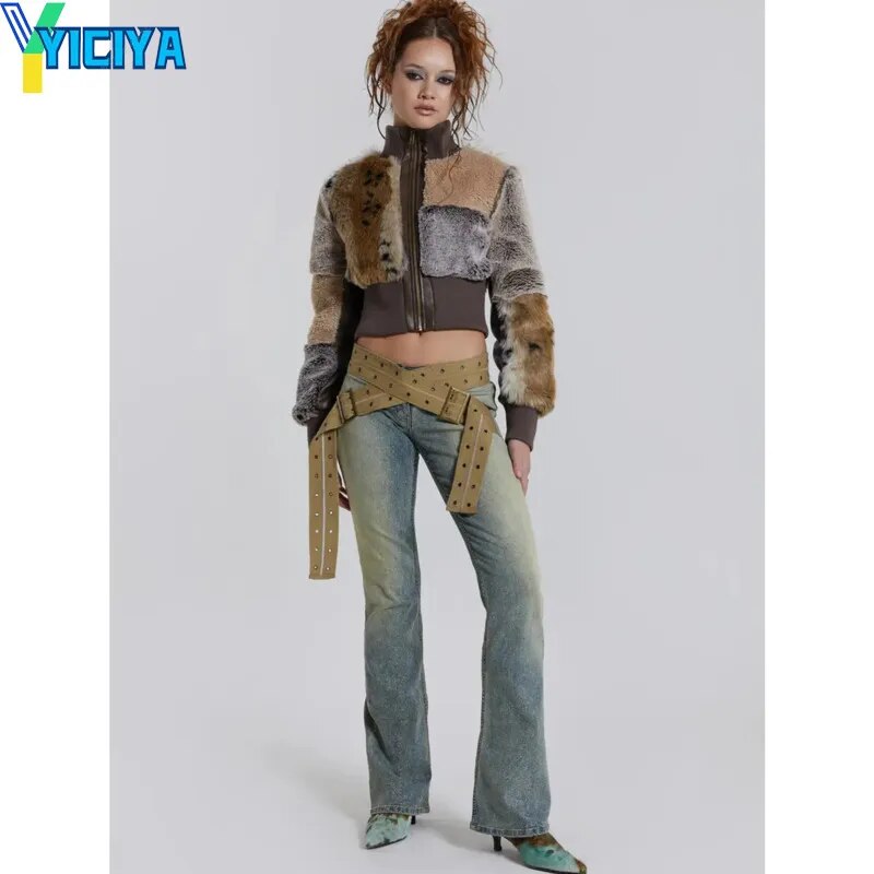 YICIYA Flare Jeans Vintage Low Waist Women Cross-Webbing-Belt Bell bottoms Boot cut Pants Grunge Y2k Trousers Streetwear jean