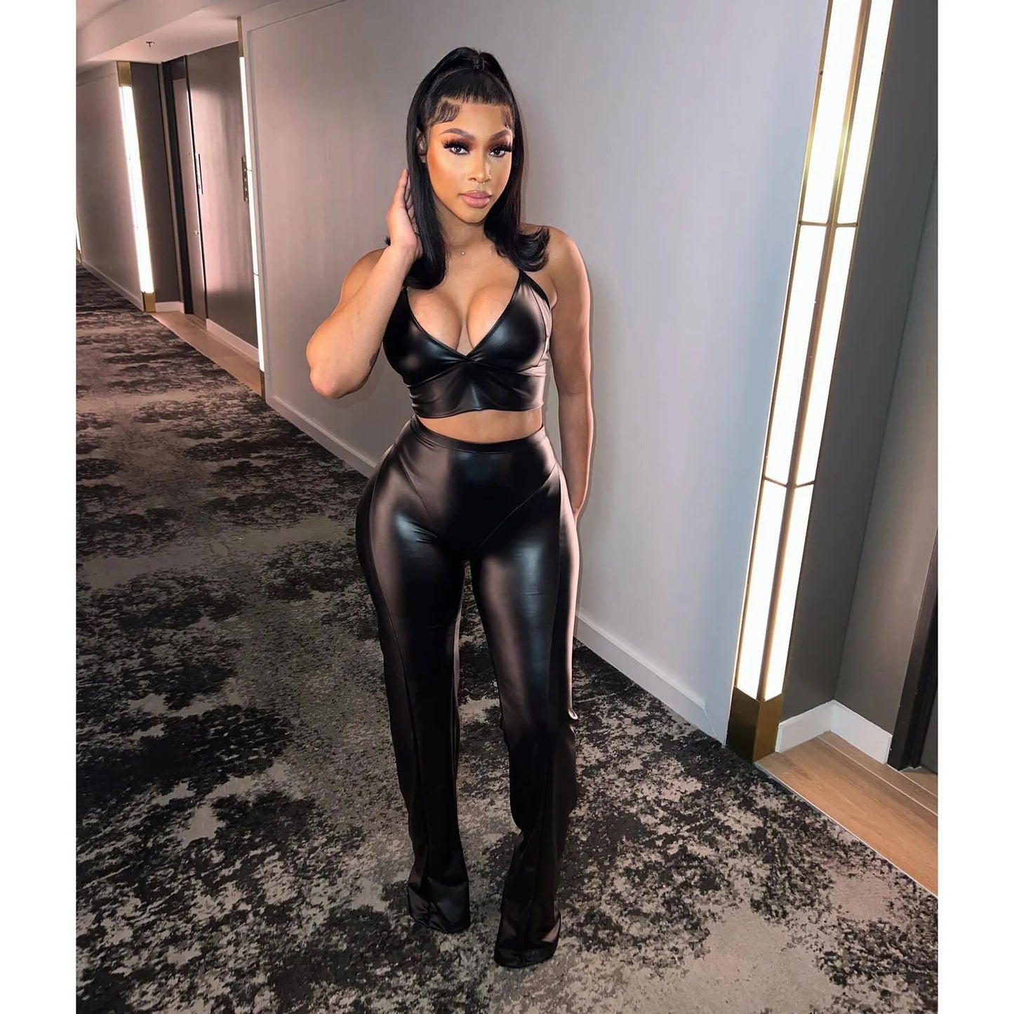 Sexy Leather PU 2 Piece Pant Set Outfits Black Long Trousers 2023 Women Summer Clothing Elegant Luxury Crop Tops Two Piece Sets