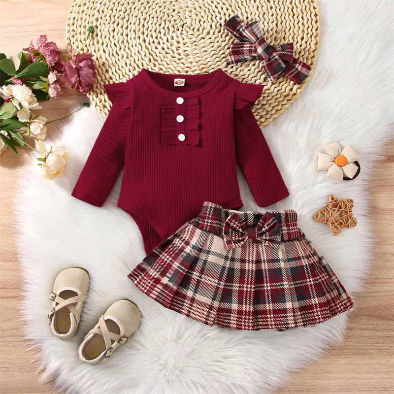 Toddler Baby Girl Spring Fall Clothes Skirt Set Long Sleeve Ribbed Romper Tops High Waist Plaid Tutu Skirts Outfit Baby's Sets