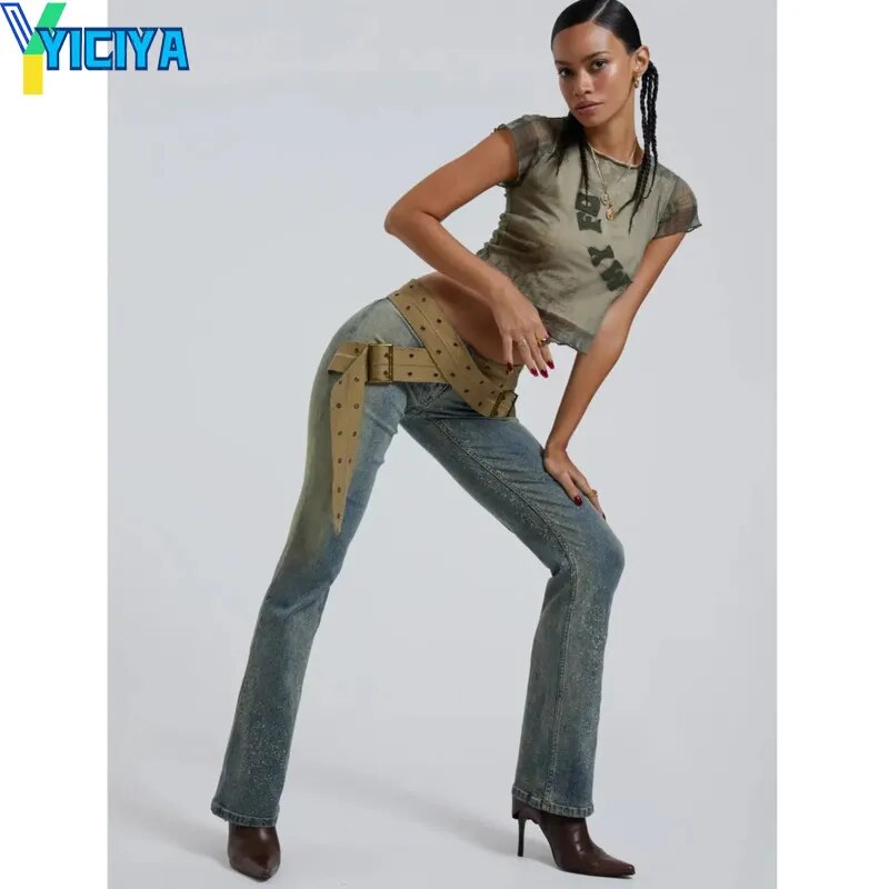 YICIYA Flare Jeans Vintage Low Waist Women Cross-Webbing-Belt Bell bottoms Boot cut Pants Grunge Y2k Trousers Streetwear jean