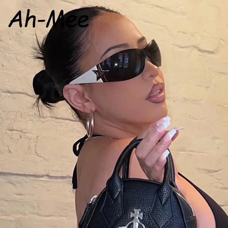 Rimless Punk One Piece Sunglasses Women Goggle New Luxury Brand Shades Sun Glasses Female Five Star Wrap Around Eyewear