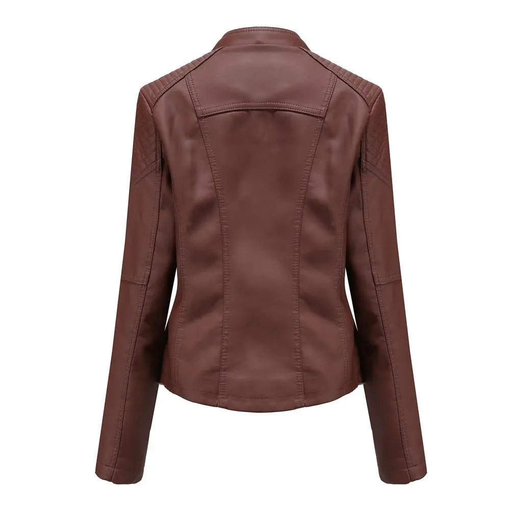 Women Fashion Lace-up Leather Jacket Slim Fit Spring Autumn Motorcycle Zipper Jacket 