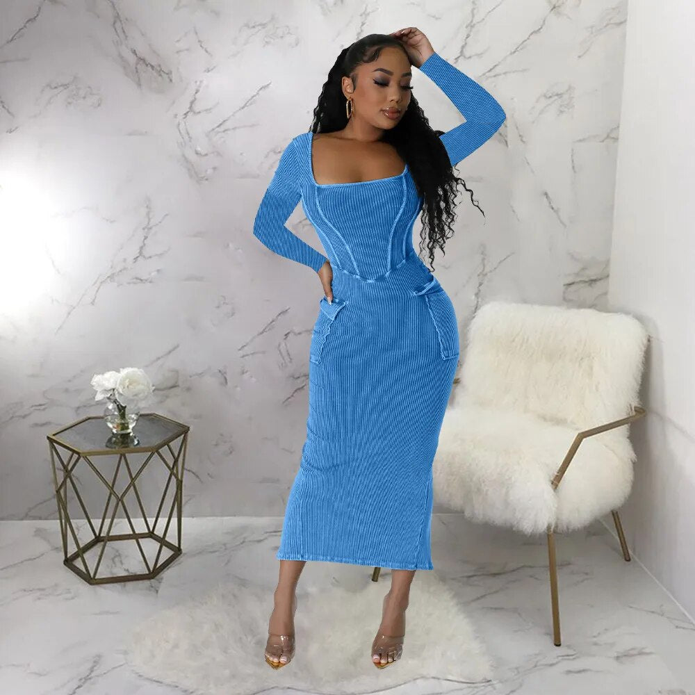 Knitted Rib Solid Long Dress for Women Elegant Square Neck Long Sleeve Back Slit Bodycon Sexy Night Club Party Dresses Robe