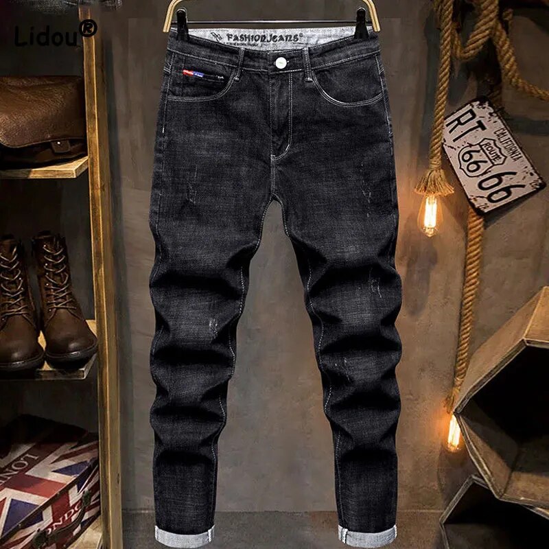 Men's Trend Slim Solid Color Jeans Summer Male Clothes Fashionable Simplicity Pockets Spliced Casual Straight Denim Trousers