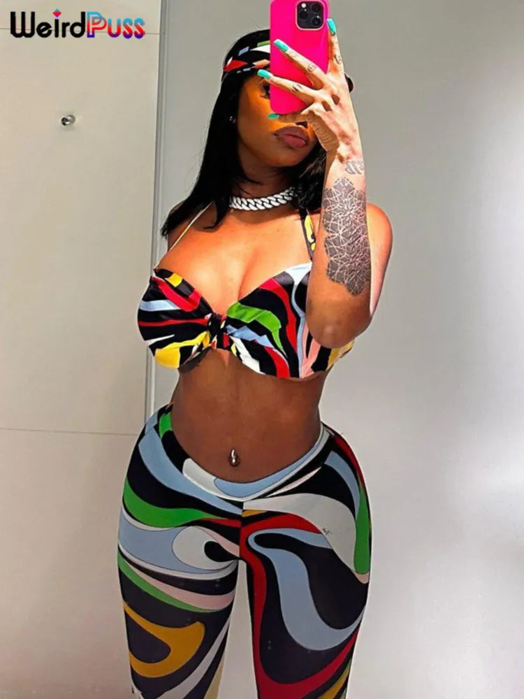 Weird Puss Colorful Print 2 Piece Set Women Summer Halter Backless Wrap Tops+Leggings Matching Streetwear Sexy Party Outfits