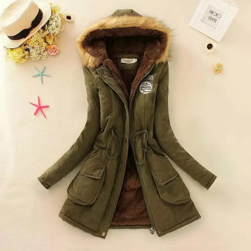 Women Autumn Winter Cotton Jacket Slim Warm Wadded Hooded Parkas Casual Mid Coats Emboridery Female Thick Outwear Overcoat