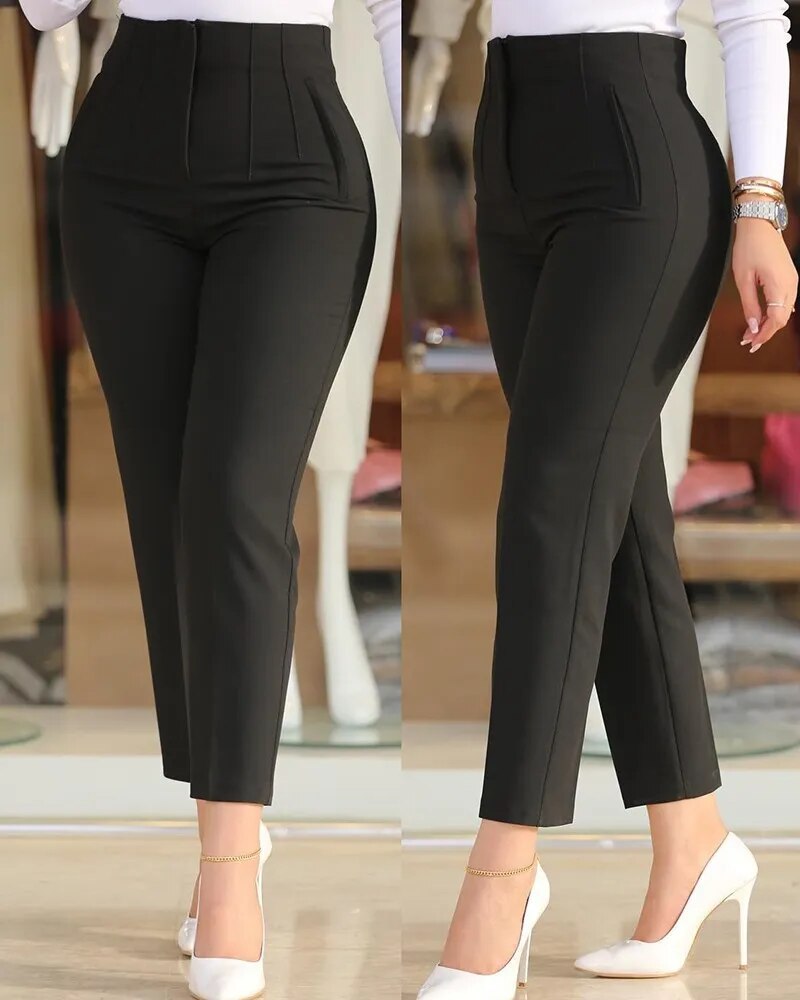 Women Clothing Spring Autumn Bottoms Vintage Streetwear High Waisted Straight Pants Office Chic Pink Slim Stretch Trousers 2023