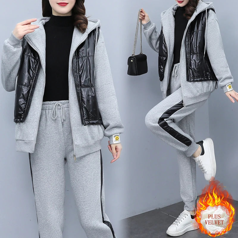 Thick Sweatsuit Women Winter Fake Two Piece Sweatshirt and Pencil Pants Two Piece Set Thick Plus Velvet Outfits L-4XL Clothing