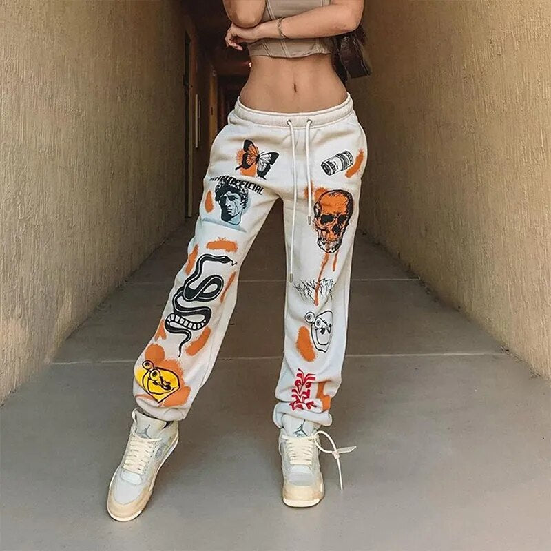 Women Sweatpants Joggers Y2K Harajuku Cartoon Skull Printed Streetwear Sweatpants Pants Casual High Waist Sweatpants 2023 Winter