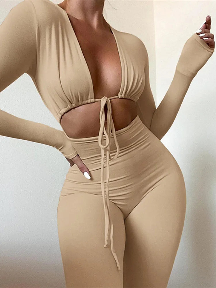 Kliou Solid Jumpsuit Drawstring Cleavage Waist Out One Piece Overall Sexy Body-Shaping Hipster Midnight Club Female Clothing outfit