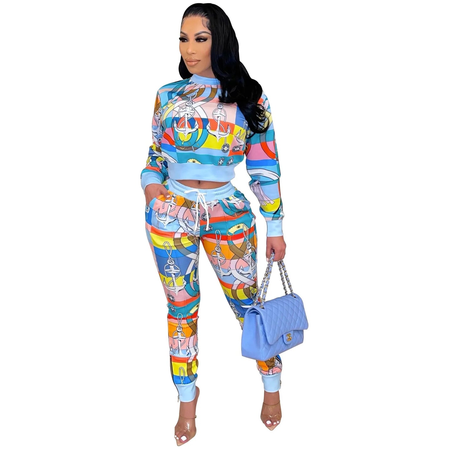 Women Patchwork Two Pieces Mixed Print Drawstring Tracksuit Set Long Sleeve Crop Top&Lace Up Waist Pants 2pc Matching Suits