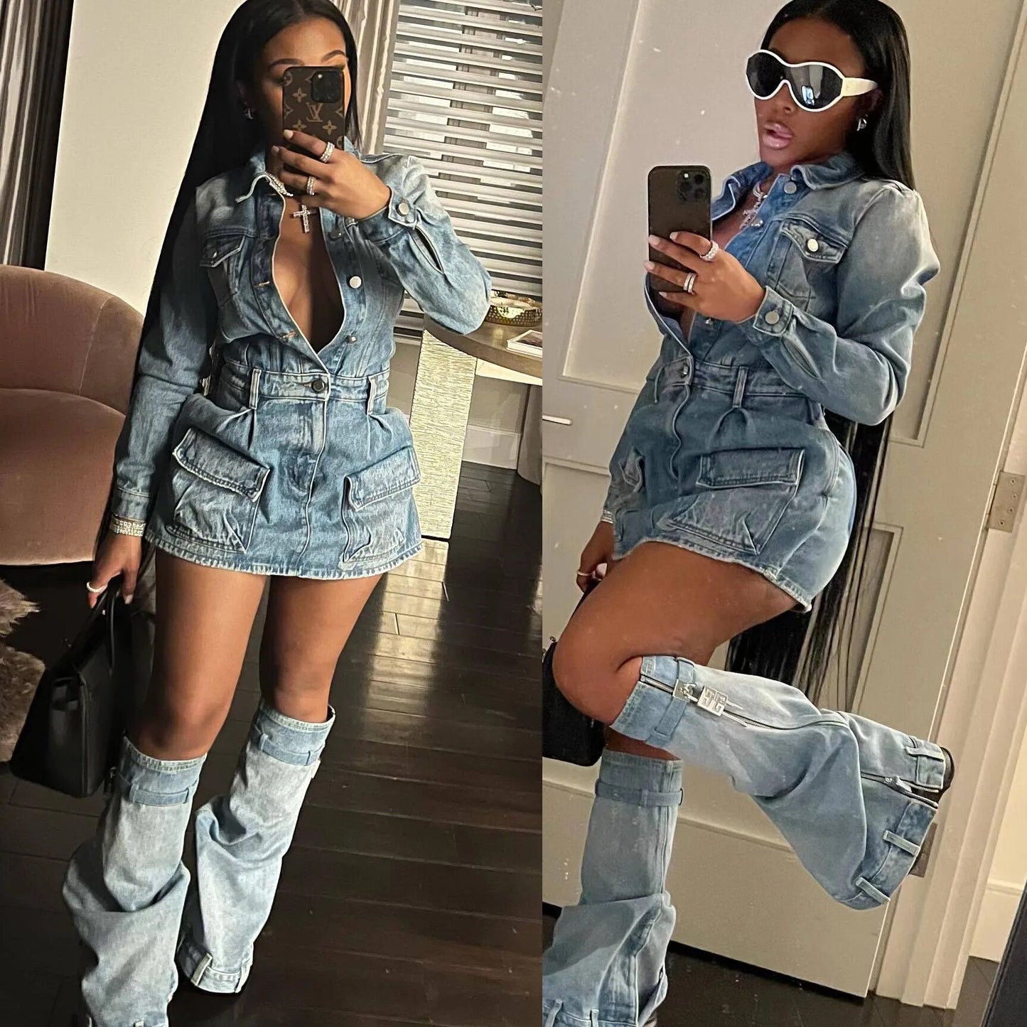 Sexy Denim Cargo Pocet Dress 2 Piece Sets 2023 Women Winter Fall Clothes Y2K Jean Mini Dress Two Piece Set Outfit