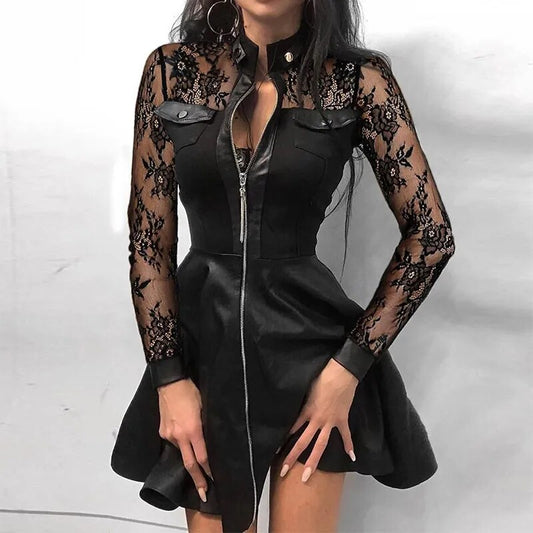 Women's Dress Sexy Lace Mesh Long Sleeve Patchwork Stand Neck Party Dress Elegant Office Zipper Pockets PU Leather Mini Dress dress