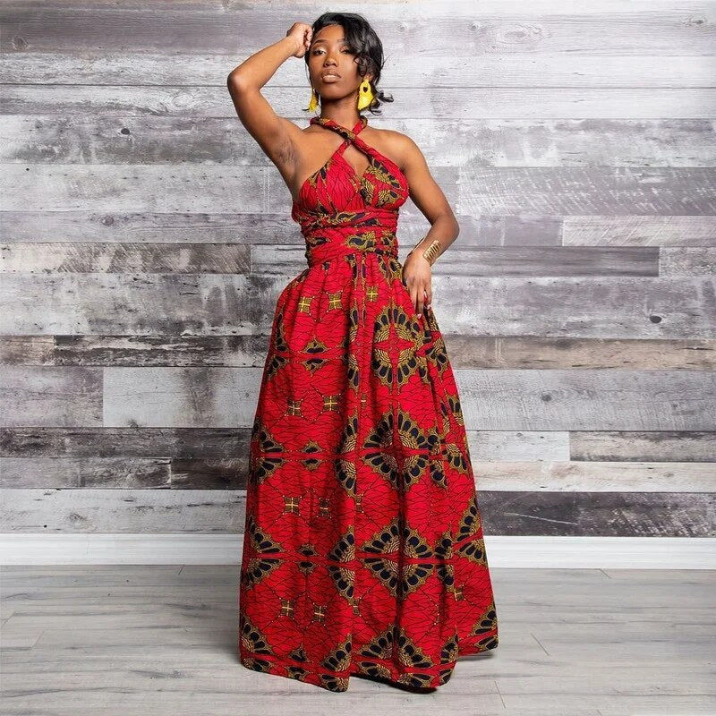 Women African Lace-up Dress Fashion Style African Women Lace-up Waist Maxi Dress Plus Size Long Dress Convertible Robe Longue