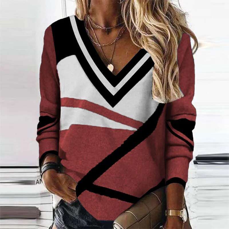 Sweater 2023 Autumn New Fashion Trend Elegant Office Clothing V Neck Contrast Geometric Print Loose Casual Long Sleeve Pullover