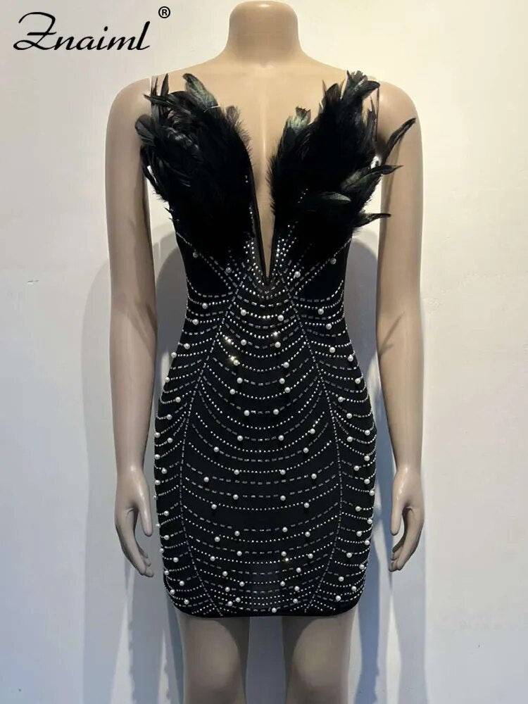 Sexy Feathers Rhinestones Backless Diamond Sheer Mesh Bodycon Dresses for Woman Rave Club Birthday Party Night Vestidos