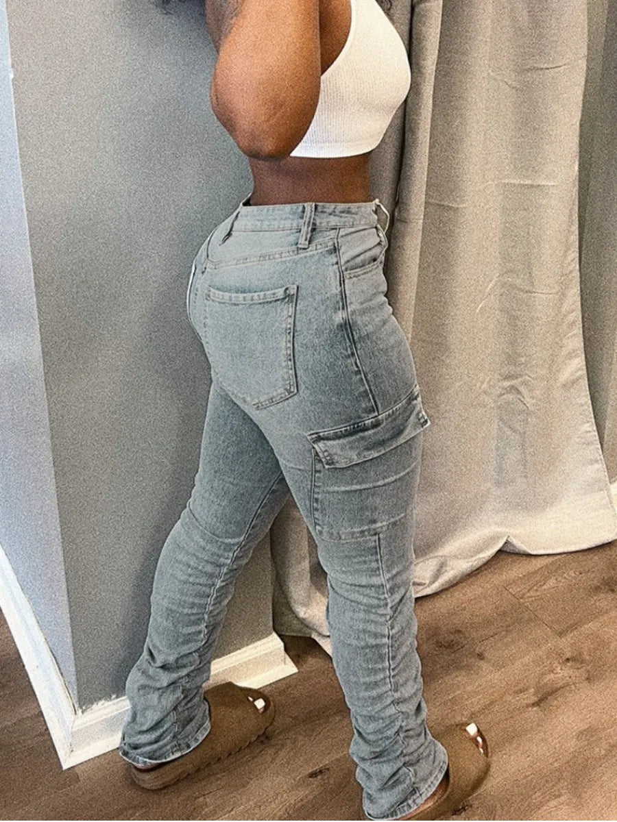 LW Plus Size High Waist Side Flap Pocket Cargo Jeans Women Zipper Ruched Design Jeans Causal Skinny Long Trouser