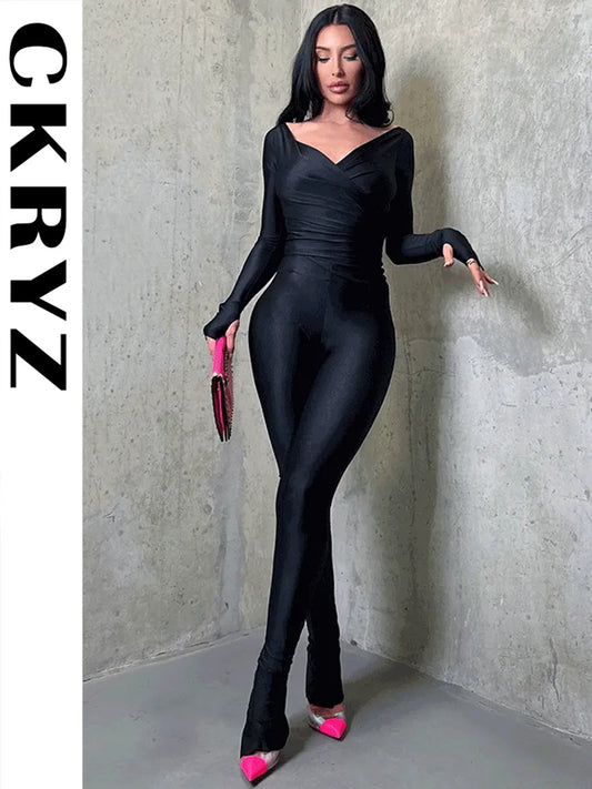 Ladies Summer Off Shoulder Night Clubwear Y2K 2 Piece Long Sleeve V-Neck Top And Pant Tracksuit Women Fashion Sporty Streetwear