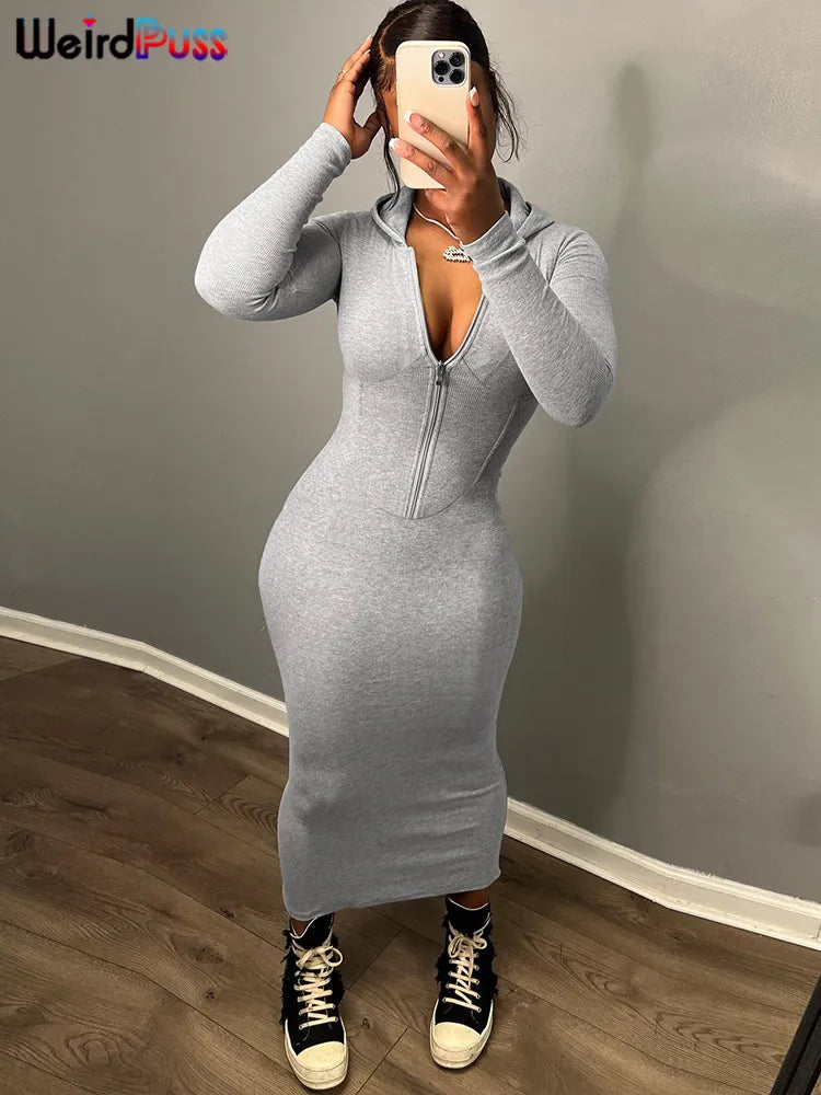 Weird Puss Hooded Dress Women Zip Skinny Elastic Casual Autumn Long Sleeve Maxi Bodycon Streetwear Solid Sporty Hipster Vestidos