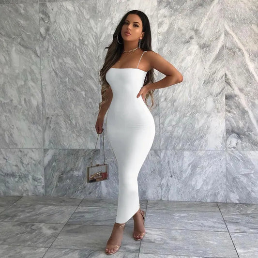 NSANGU 2023 Autumn Winter Women Solid White Black Strap Midi Dress Bodycon Sexy Streetwear Party Club Elegant Fashion Clothes