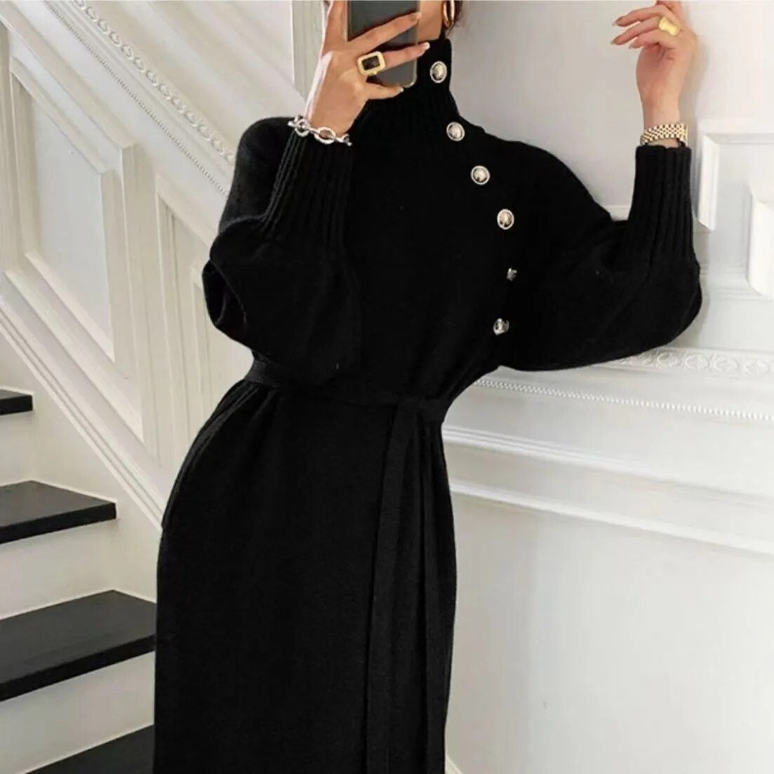 Dresses for Women Turtleneck Sweaters Female Clothing Long Sleeves Belt Pullovers Button Skirts Autumn Winter dress