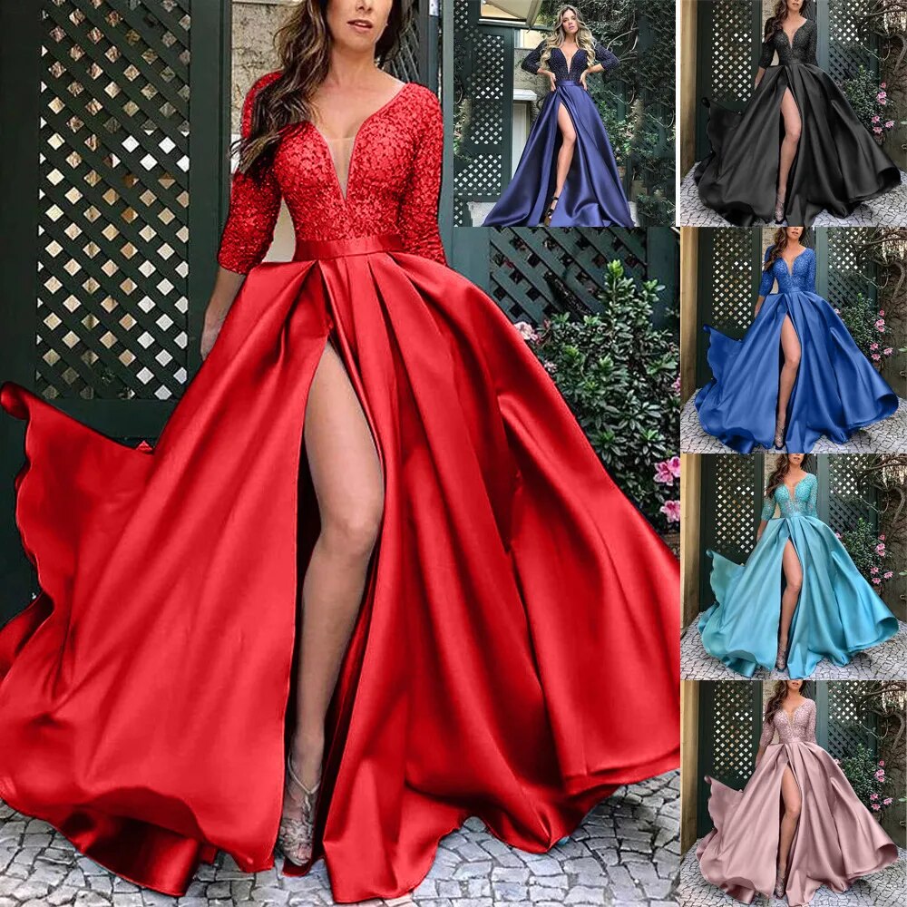 Large Swing Sexy Long Dress Women Lace Sequin V-Neck Tail Banquet Party Evening Dresses