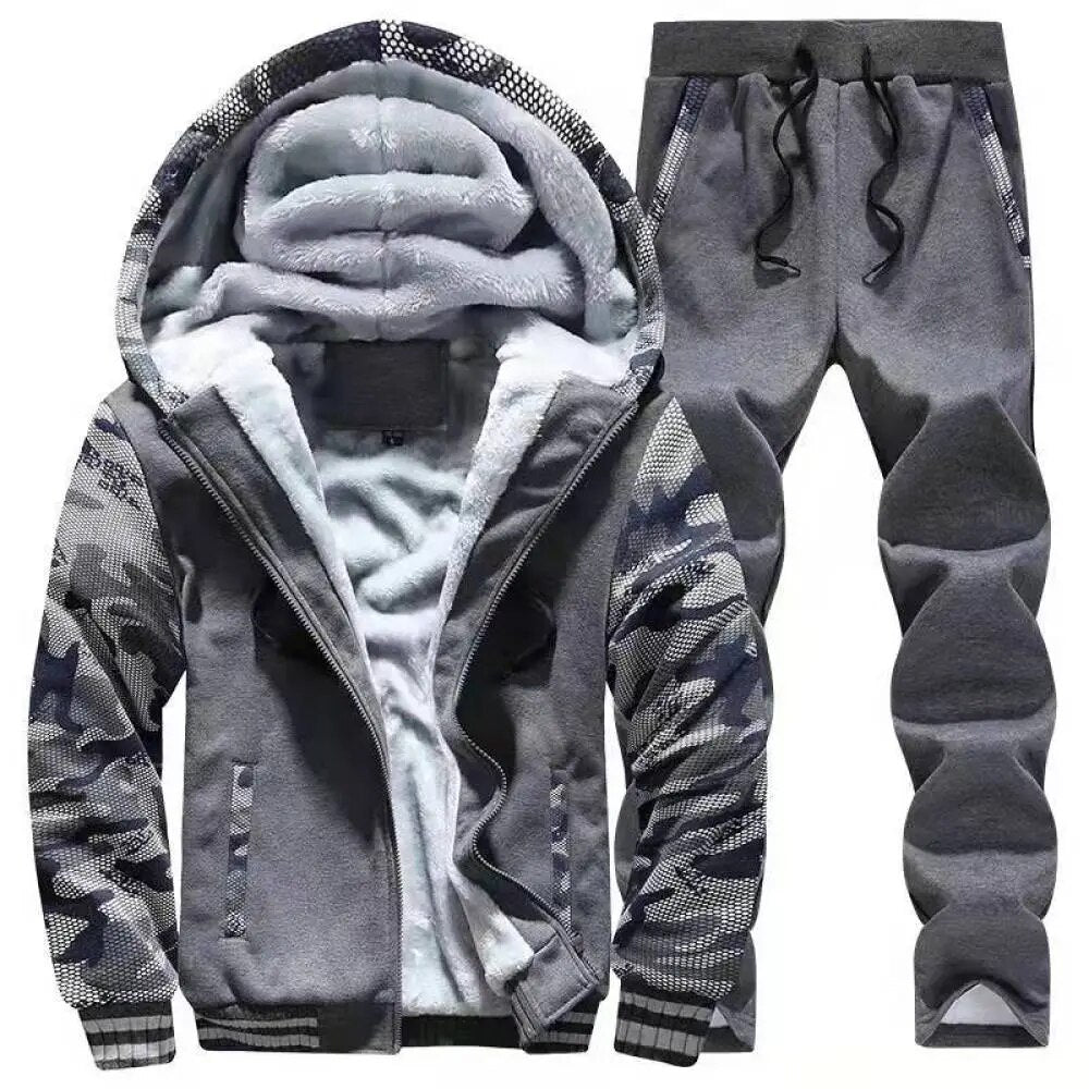 Men's Winter Jackets Thick Warm Jacket Brand Sportswear Coat Pants Solid Color Fleece Zipper Hooded Long Sleeved Male Outerwear