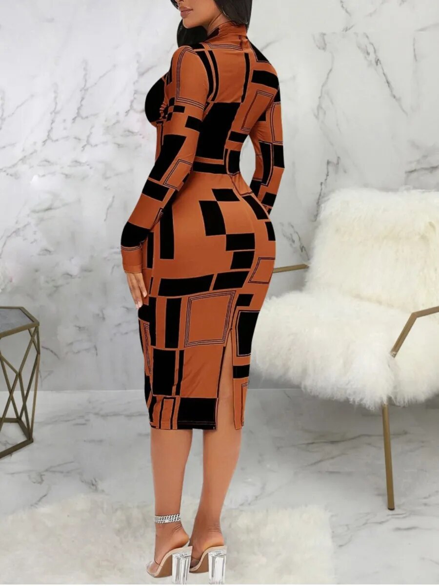 Summer Elegance Geometric Print Patchwork Fashion Long Sleeve Bodycon Dress Slim Club Outfits