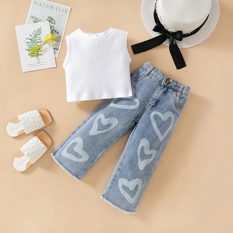 Kids Girls Clothes Suits Solid Color Ribbed Sleeveless Tank Tops and Heart Print Jeans Denim Pants 2Pcs Suit 2 piece