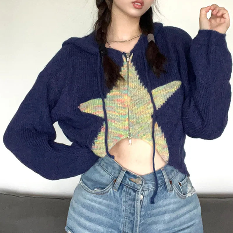 Oversized Sweater Woman Winter Pullovers Women's Winter Clothes Crop Top Fashion Loose Little Star Drawstring Hooded Knit Tops