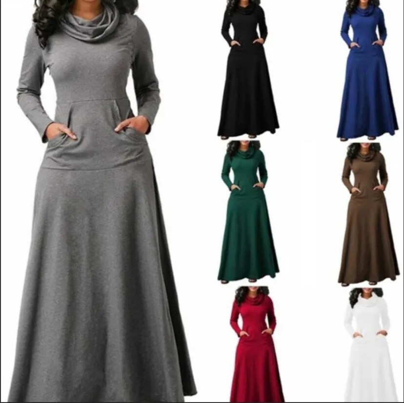 Plus Size 5XL Elegant Long Maxi Dress Autumn Winter Warm High Collar Women Long-sleeved Dress 2023 Woman Clothing With Pocket